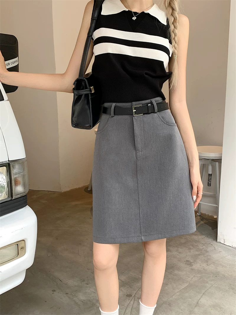 Váy midi kiểu vest màu xám dành cho nữ, cỡ lớn, cạp cao, che hông, thiết kế mùa hè, kiểu dáng chữ A ngắn.