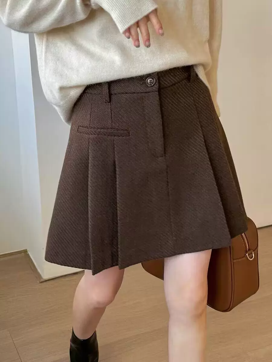 Váy nâu phong cách retro preppy dành cho nữ mùa thu đông, váy chữ A ôm hông lưng cao, váy xếp ly len dày