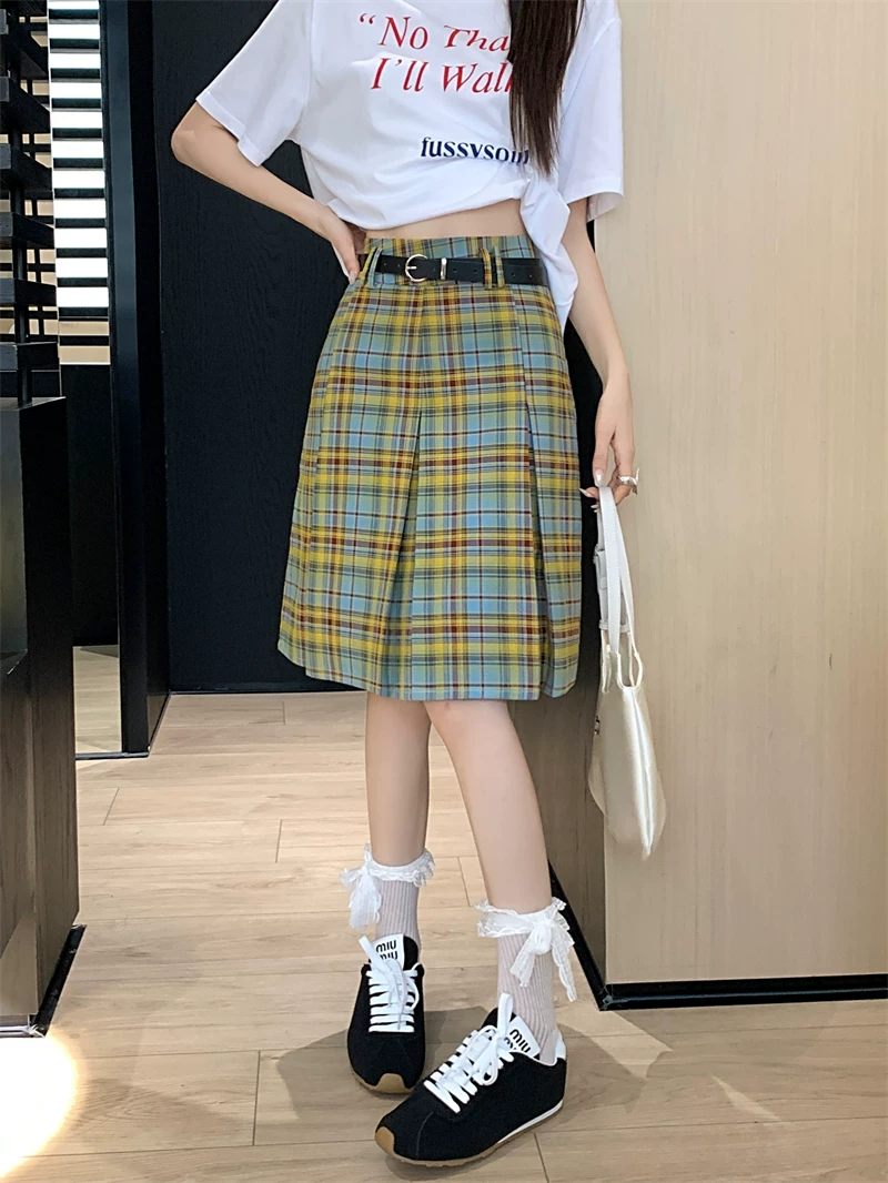 Váy xếp ly lưng cao phong cách preppy cỡ lớn, váy kẻ sọc xanh vàng mùa hè dành cho nữ, váy dài vừa vặn dáng chữ A giúp thon gọn