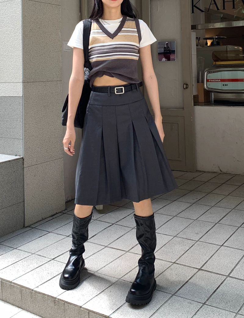 Váy dài xếp ly cao eo kiểu retro nữ, size lớn, mùa thu 2025, dáng quả lê, màu xám, dáng chữ A, dài ngang đùi