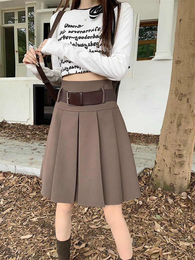 Váy xếp ly màu xám dành cho nữ, mùa thu đông, phong cách preppy, dáng chữ A, dài vừa phải, lưng cao, thiết kế độc đáo, váy nửa thân, váy dù.