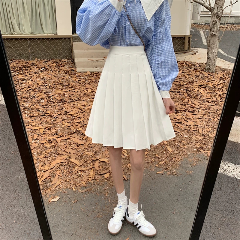 Váy xếp ly màu trắng cỡ lớn dành cho nữ, mùa xuân hè, váy midi chữ A cạp cao, tôn dáng, dáng dài, phong cách preppy, kiểu váy xòe.