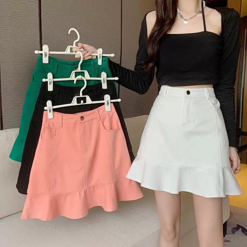 Váy denim hồng cỡ lớn dành cho nữ, váy đuôi cá xếp ly cao eo mùa hè, váy chữ A, váy mini ôm sát màu trắng tôn dáng.