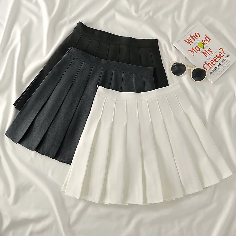 Váy xếp ly màu trắng dành cho nữ, size lớn mùa hè, váy chữ A cạp cao, tôn dáng, váy nửa thân kiểu học sinh, váy ngắn dành cho phụ nữ nhỏ nhắn.