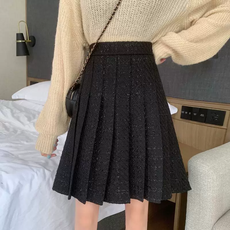 Váy len xếp ly màu đen cỡ lớn, váy midi thu đông nữ, cạp cao, tôn dáng, kiểu dáng chữ A bằng vải tweed phong cách Chanel.