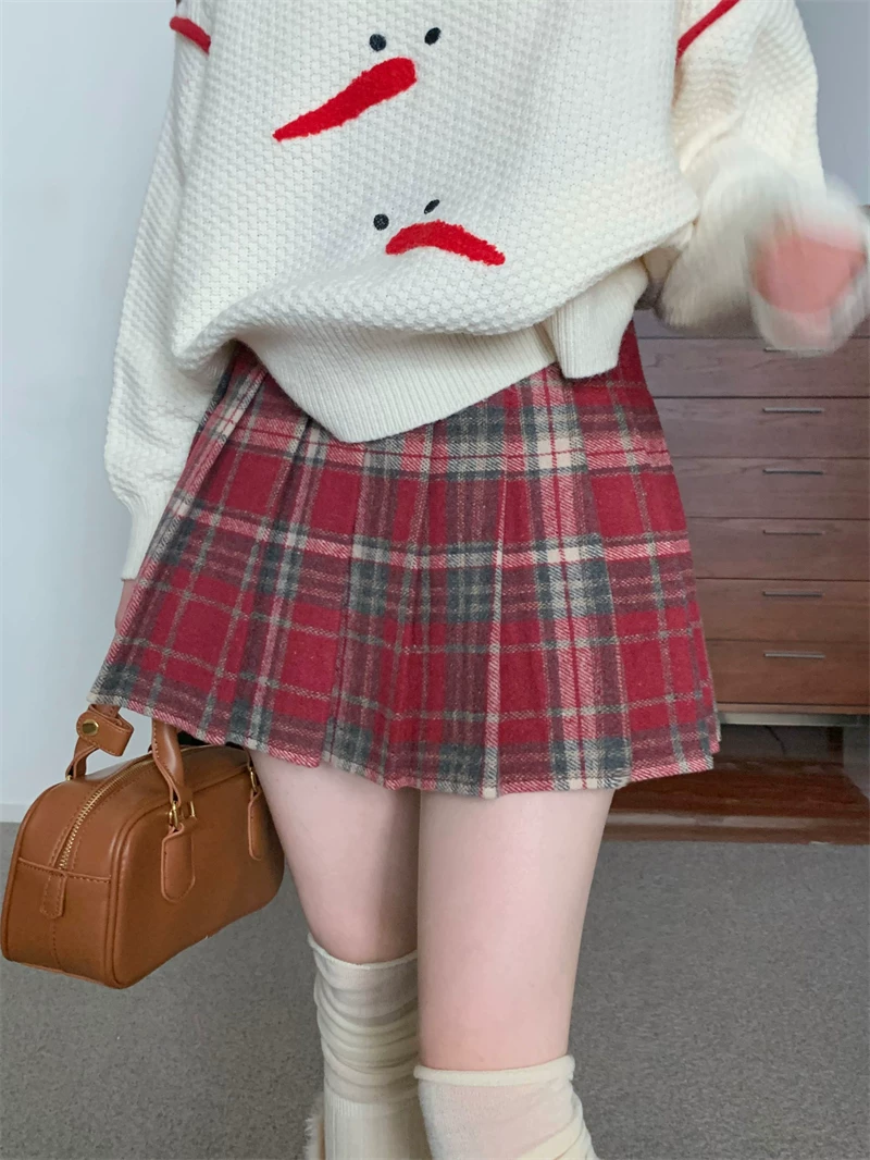 Váy xếp ly kẻ đỏ Giáng sinh phong cách preppy nữ, mùa thu đông, size lớn, eo cao, dáng chữ A, ngắn, nửa thân