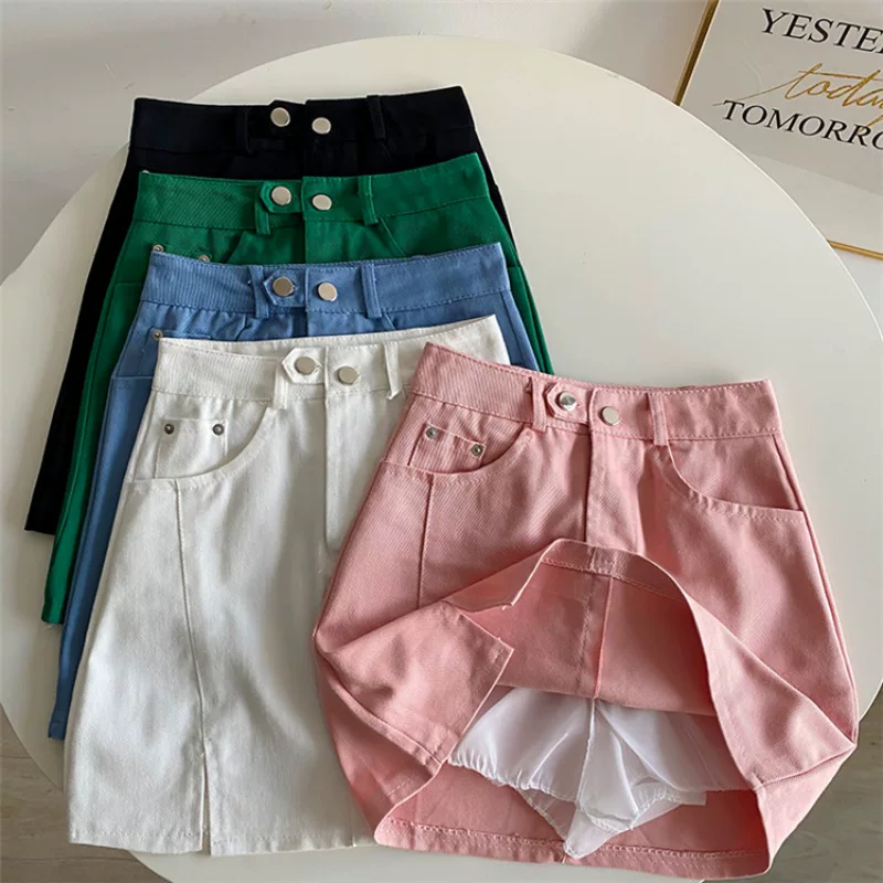 Váy denim mini xẻ tà cỡ lớn dành cho nữ, mùa hè, lưng cao, váy chữ A mỏng, tôn dáng, che hông, váy bút chì đa năng.