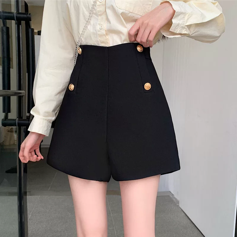 Quần short vest đen nữ, quần short mùa hè cạp cao dáng A, quần rộng ống rộng dáng A suông mỏng tôn dáng