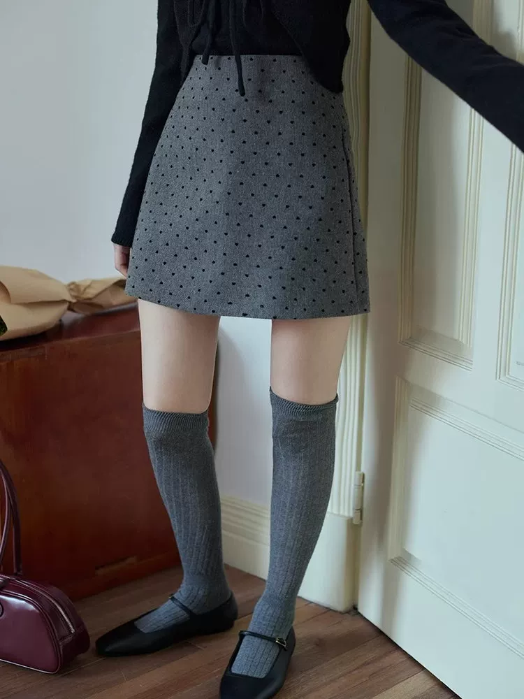 Váy len chấm bi màu xám cổ điển dành cho nữ mùa thu đông, cỡ lớn, lưng cao, che hông, váy chữ A, váy len ngắn thon gọn