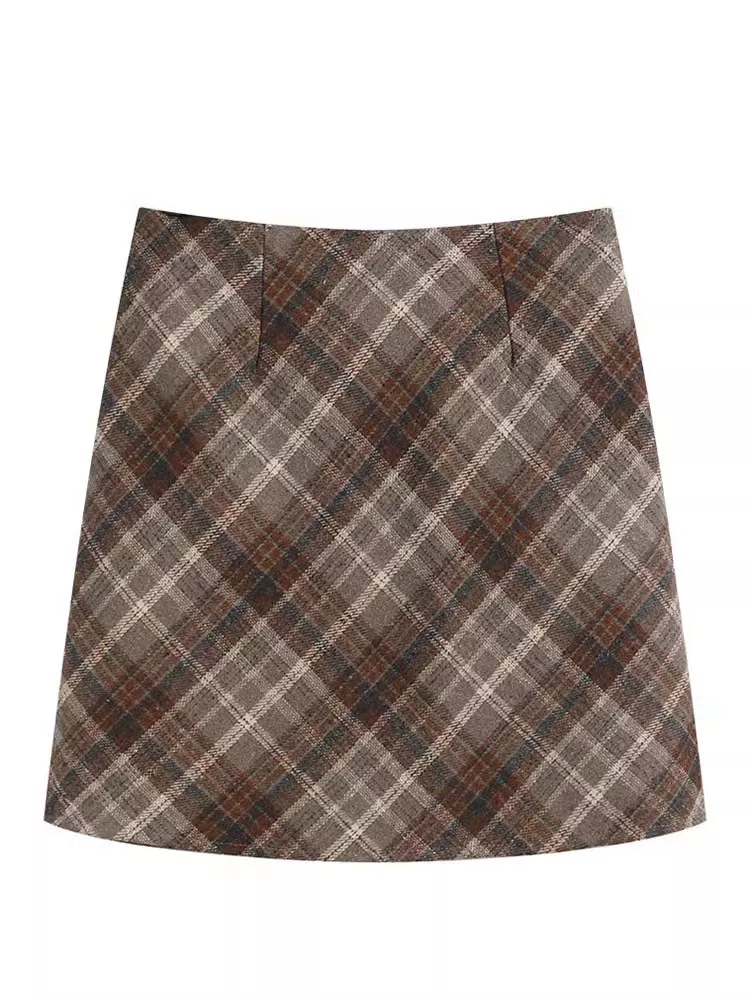 Váy len kẻ sọc cỡ lớn dành cho nữ, mùa thu đông, váy chữ A cạp cao, thon gọn, che hông, váy ngắn ôm sát cơ thể.