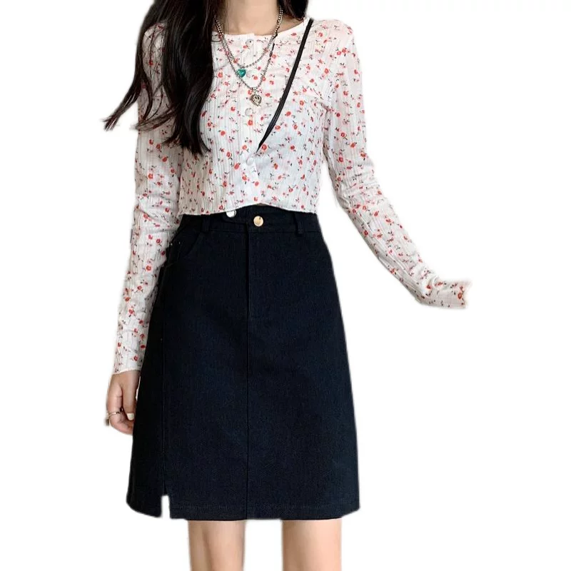 Váy denim đen, váy midi chữ A xẻ tà mùa hè dành cho nữ, size lớn, che bụng, thon gọn, ôm sát body, váy dài trung bình.