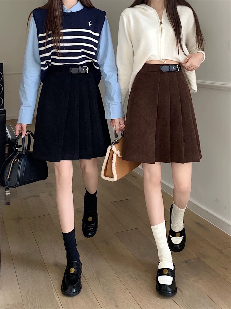 Váy nhung kẻ lưng cao dành cho nữ, mùa thu đông, cỡ lớn, váy ngắn chữ A thon gọn, màu cà phê, váy ôm sát, váy xếp ly không đều.