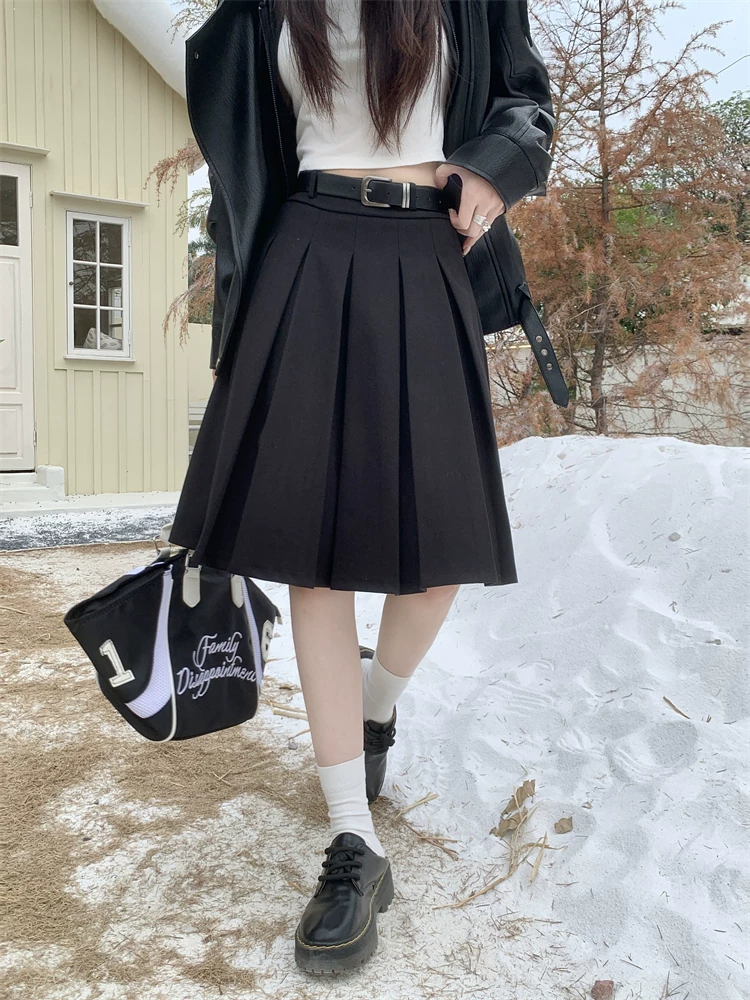 Váy midi len màu xám cỡ lớn dành cho nữ, mùa thu đông, lưng cao, thon gọn, che bụng, váy chữ A, váy xếp ly che hông.