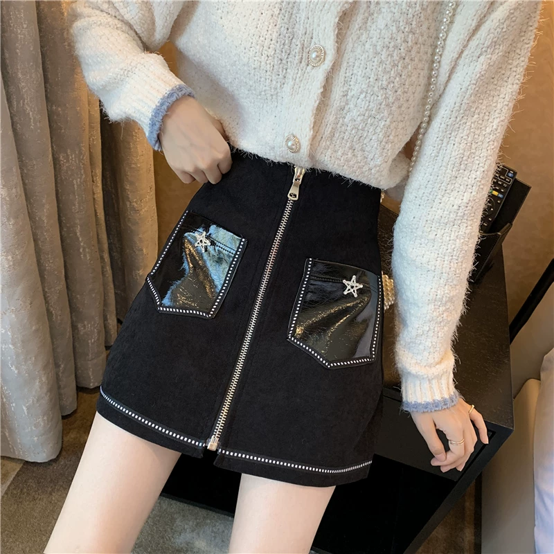 Váy ngắn một mảnh màu đen cỡ lớn dành cho nữ, mùa thu đông, lưng cao, thon gọn, có khóa kéo, váy bút chì, váy chữ A ôm hông.