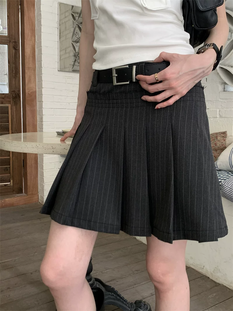 Váy xếp ly sọc xám cỡ lớn dành cho nữ, váy ngắn kiểu học sinh lưng cao mùa hè, váy chữ A chống lộ.