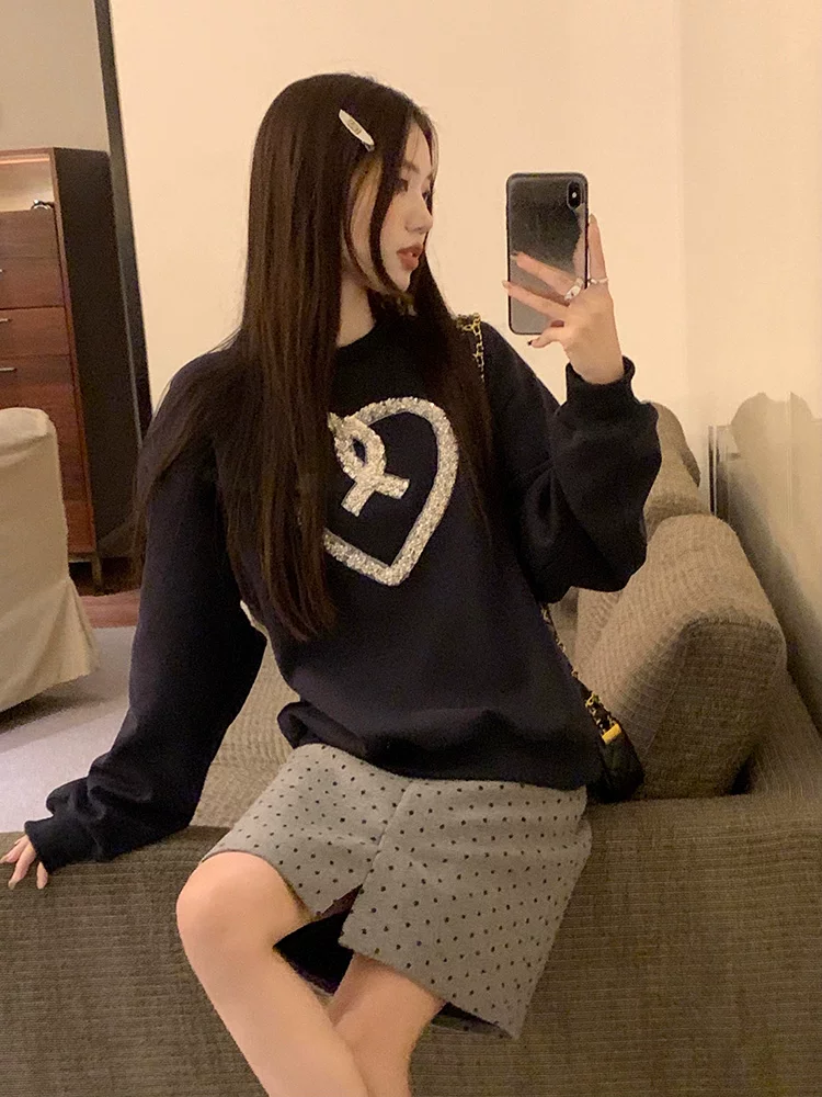 Váy chấm bi đen cổ điển dành cho nữ mùa thu đông, cạp cao, dáng nhỏ nhắn, thiết kế xẻ tà, váy chữ A, váy len dài trung bình