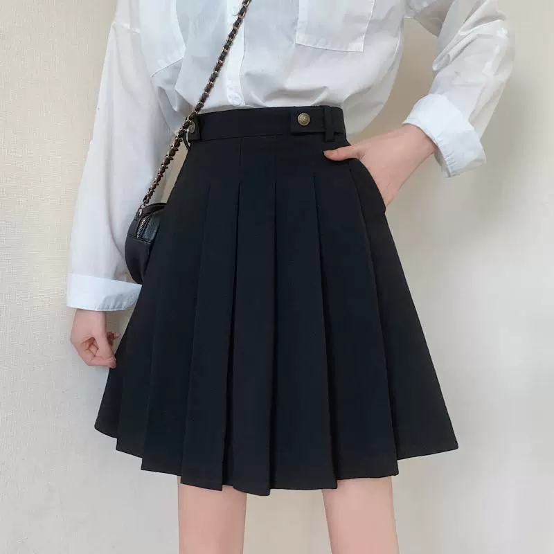Váy xếp ly cỡ lớn dành cho nữ, mùa xuân hè, dài vừa phải, phong cách preppy, lưng cao, tôn dáng, che hông, váy chữ A, váy phồng, quần váy.