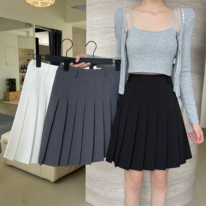 Váy xếp ly lưng cao phong cách đại học hơi mũm mĩm dành cho nữ, váy chữ A che thân mùa hè, váy midi màu xám, váy ngắn thon gọn.