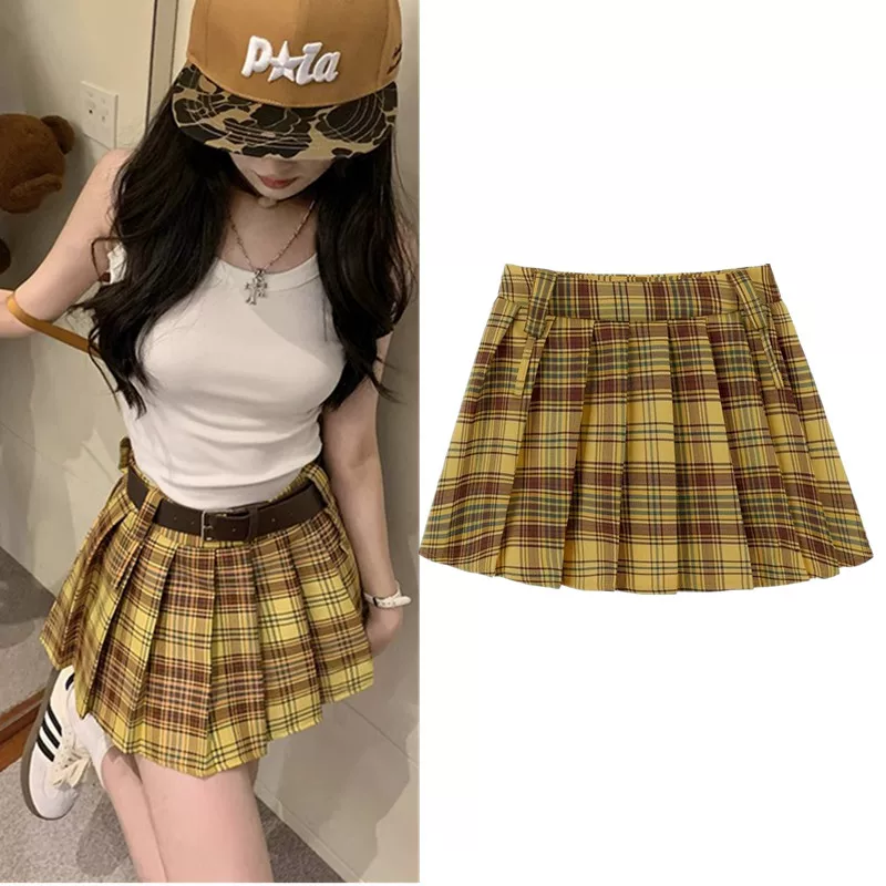 Váy xếp ly phong cách retro preppy của Mỹ dành cho nữ, váy ngắn chữ A cạp cao cỡ lớn mùa hè, váy kẻ sọc màu vàng gợi cảm
