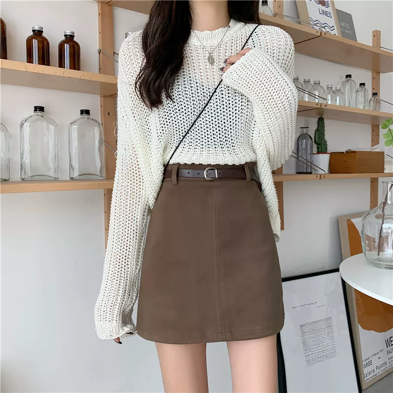 Váy len màu nâu cỡ lớn dành cho nữ, váy bút chì chữ A cạp cao mùa thu đông, che hông, váy ngắn thon gọn.