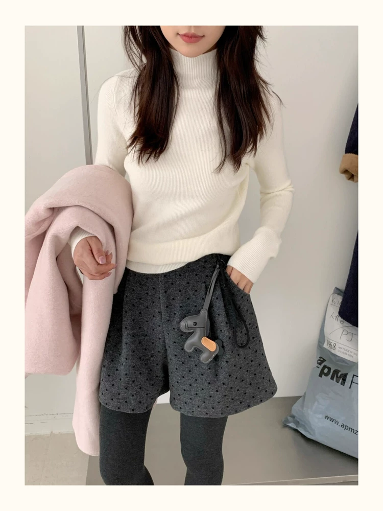 Quần short len ​​chấm bi cỡ lớn dành cho nữ, mùa thu đông, quần ống rộng màu xám lưng cao, quần suông co giãn chữ A tôn dáng, quần ống loe.
