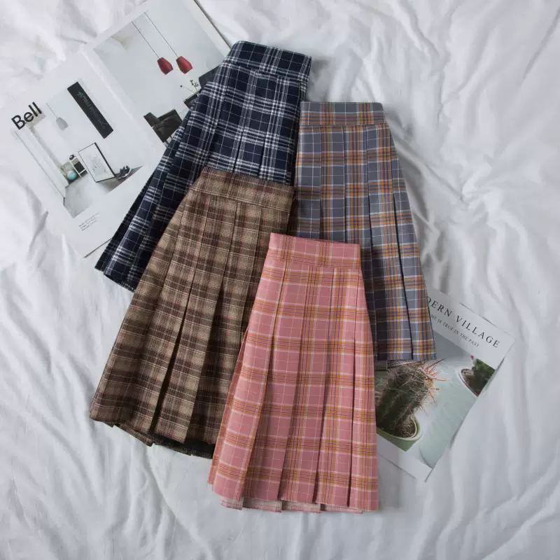 Váy đồng phục mùa xuân JK váy xếp ly nữ cỡ lớn váy ngắn kẻ sọc cô gái béo váy chữ A eo cao váy học sinh giảm béo