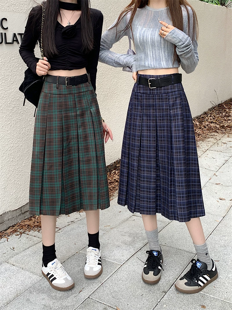 Váy xếp ly kẻ sọc kiểu Mỹ dành cho nữ, váy midi chữ A, cỡ lớn mùa thu, lưng cao, tôn dáng, váy kẻ sọc phong cách preppy.