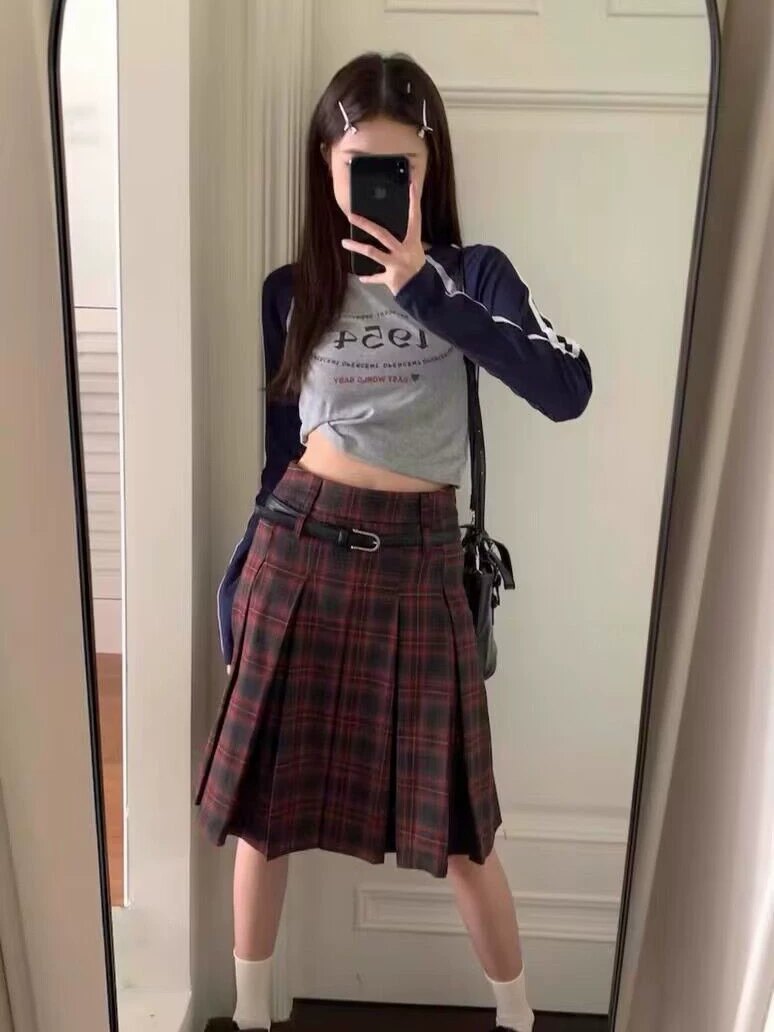 Váy xếp ly kiểu preppy cổ điển Mỹ dành cho nữ, size lớn, mùa xuân hè, váy kẻ đỏ, váy dài trung bình