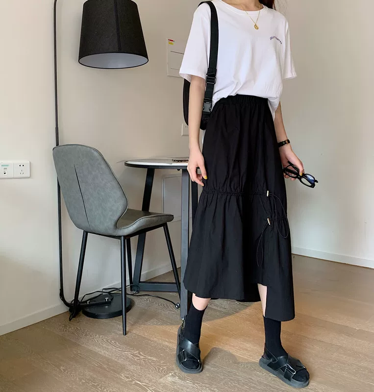 Váy dây rút lưng cao không đều kiểu dáng plus-size che bụng, váy chữ A dáng rộng mùa hè giúp thon gọn, váy quần thời trang dành cho nữ.