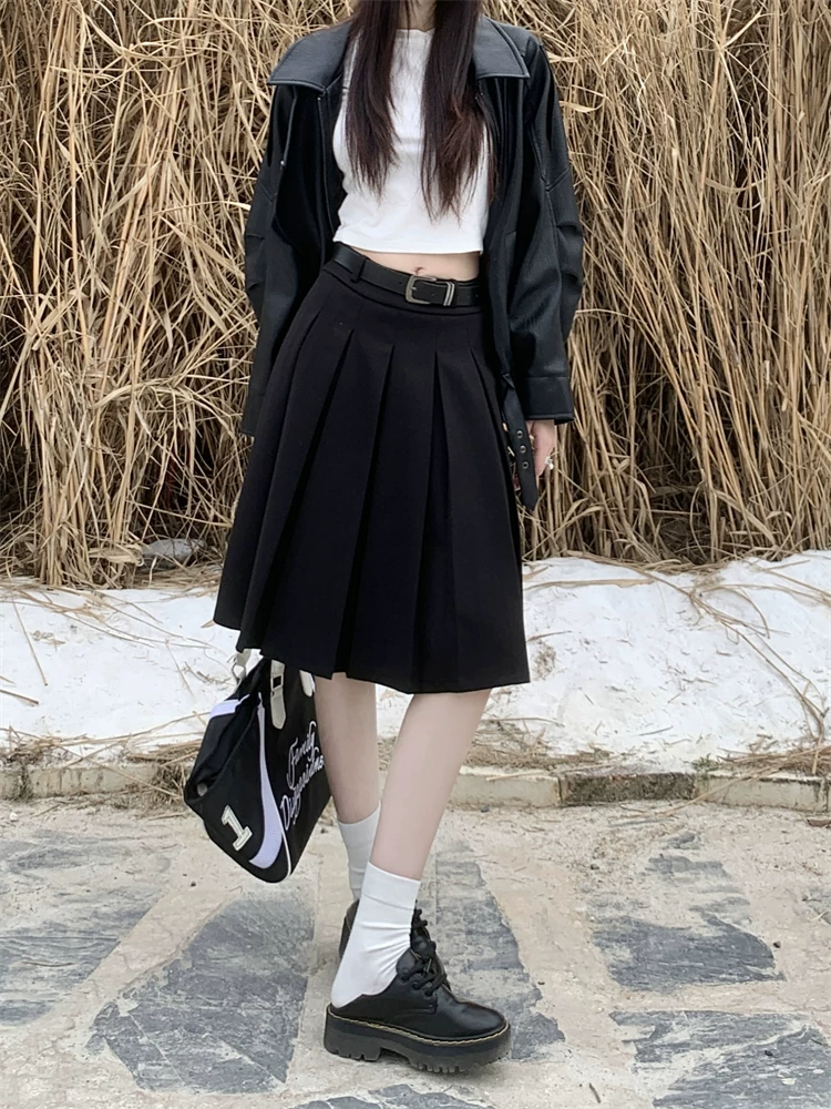 Váy midi len màu xám cỡ lớn dành cho nữ, mùa thu đông, lưng cao, thon gọn, che bụng, váy chữ A, váy xếp ly che hông.