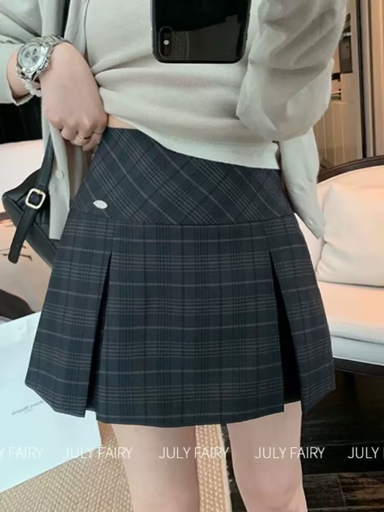 Váy xếp ly kẻ sọc cỡ lớn dành cho nữ, váy midi kẻ sọc, váy chữ A cạp cao tôn dáng, váy ngắn che bụng phong cách Anh hơi mũm mĩm