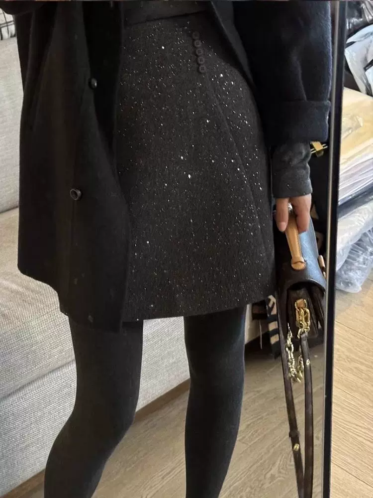 Váy len sequin cỡ lớn dành cho nữ, váy sáng bóng mùa thu đông, thiết kế cạp cao, váy chữ A, váy ngắn ôm hông.