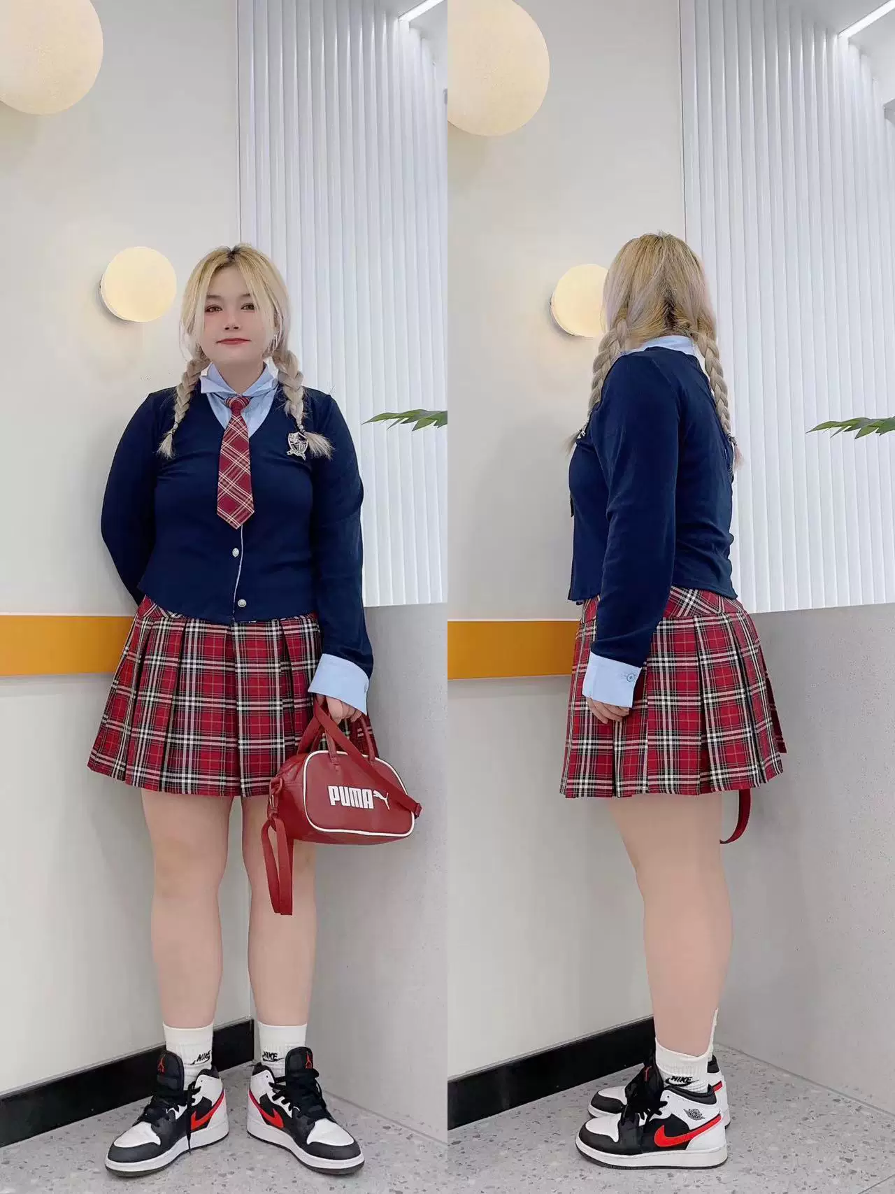 Váy xếp ly kẻ sọc đỏ cỡ lớn dành cho nữ, váy ngắn chữ A cạp cao theo phong cách cổ điển Mỹ, váy ngắn tôn dáng.