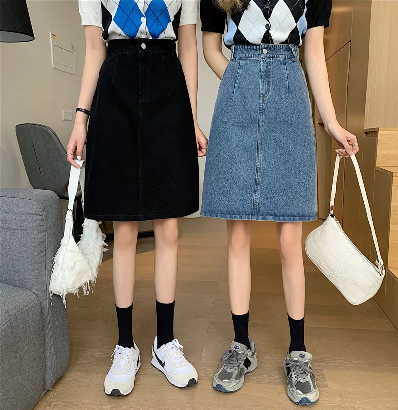 Váy denim cỡ lớn, váy dài vừa phải dành cho phụ nữ có đường cong, váy bút chì che hông, váy xẻ tà, váy chữ A.