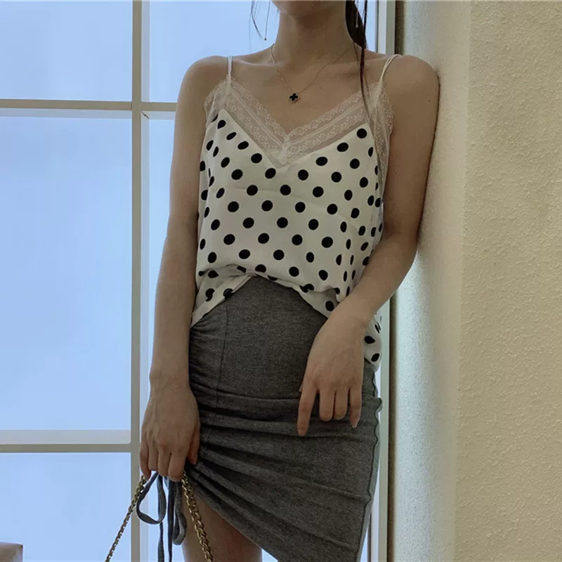 Áo yếm cỡ lớn dành cho nữ, mặc bên trong hoặc bên ngoài có chấm bi, áo sơ mi cổ chữ V viền ren 100kg