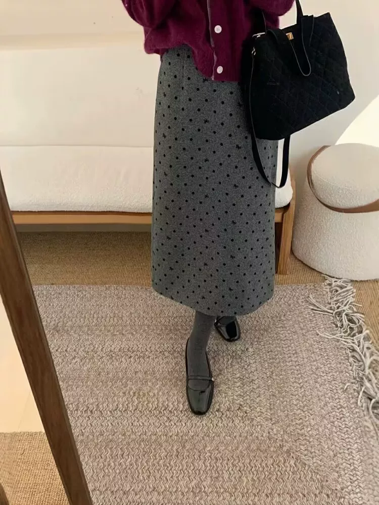 Váy len chấm bi màu xám cỡ lớn dành cho nữ mùa thu đông, lưng cao, tạo vẻ thon gọn, váy thẳng xẻ lưng, váy chữ A dài vừa phải
