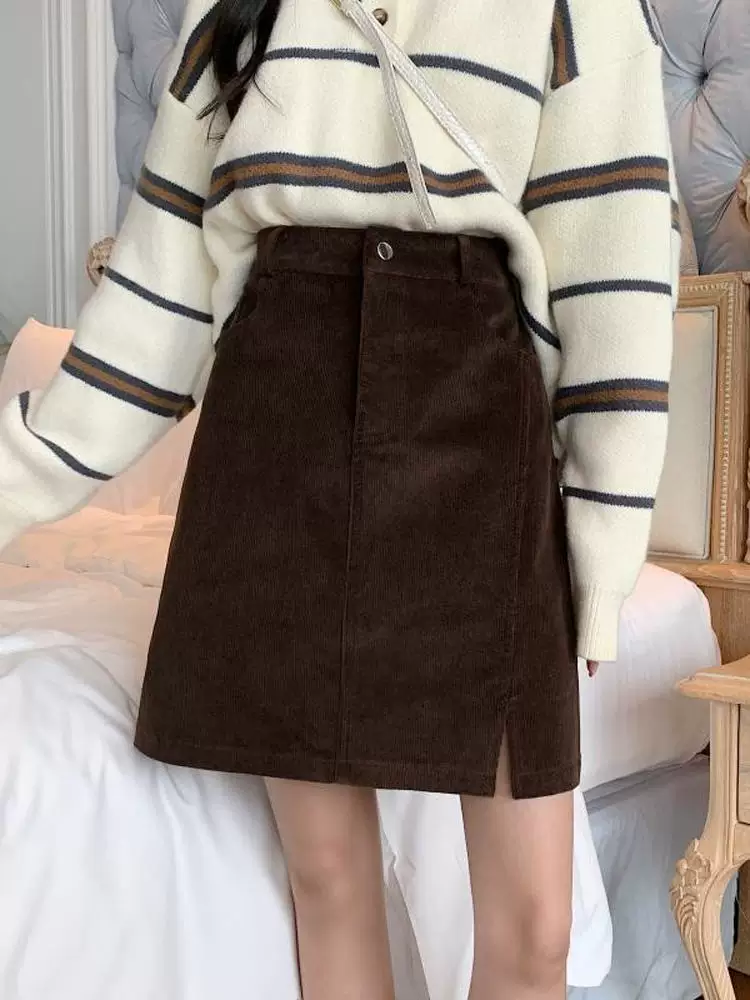 Váy midi nhung kẻ sọc cổ điển có đường xẻ bên màu cà phê cỡ lớn dành cho nữ, váy chữ A che hông mùa thu đông, váy ngắn ôm sát cơ thể cho cô gái béo