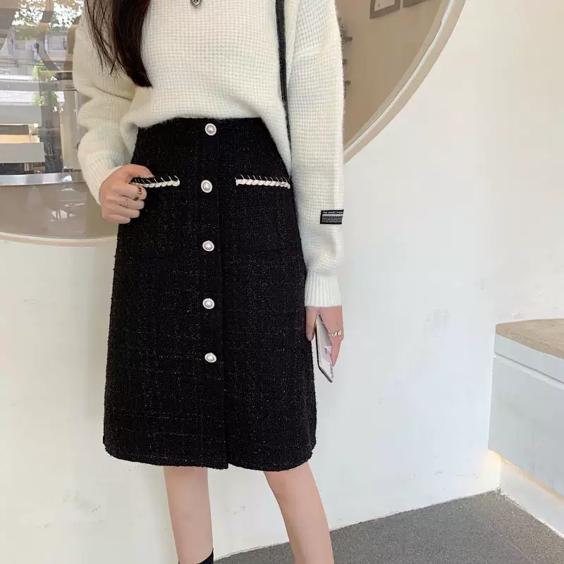 Váy tweed cỡ lớn dành cho nữ, mùa thu đông, váy midi cạp cao ôm hông, tôn dáng, che hông, váy ngắn dáng chữ A dành cho phụ nữ có đường cong.