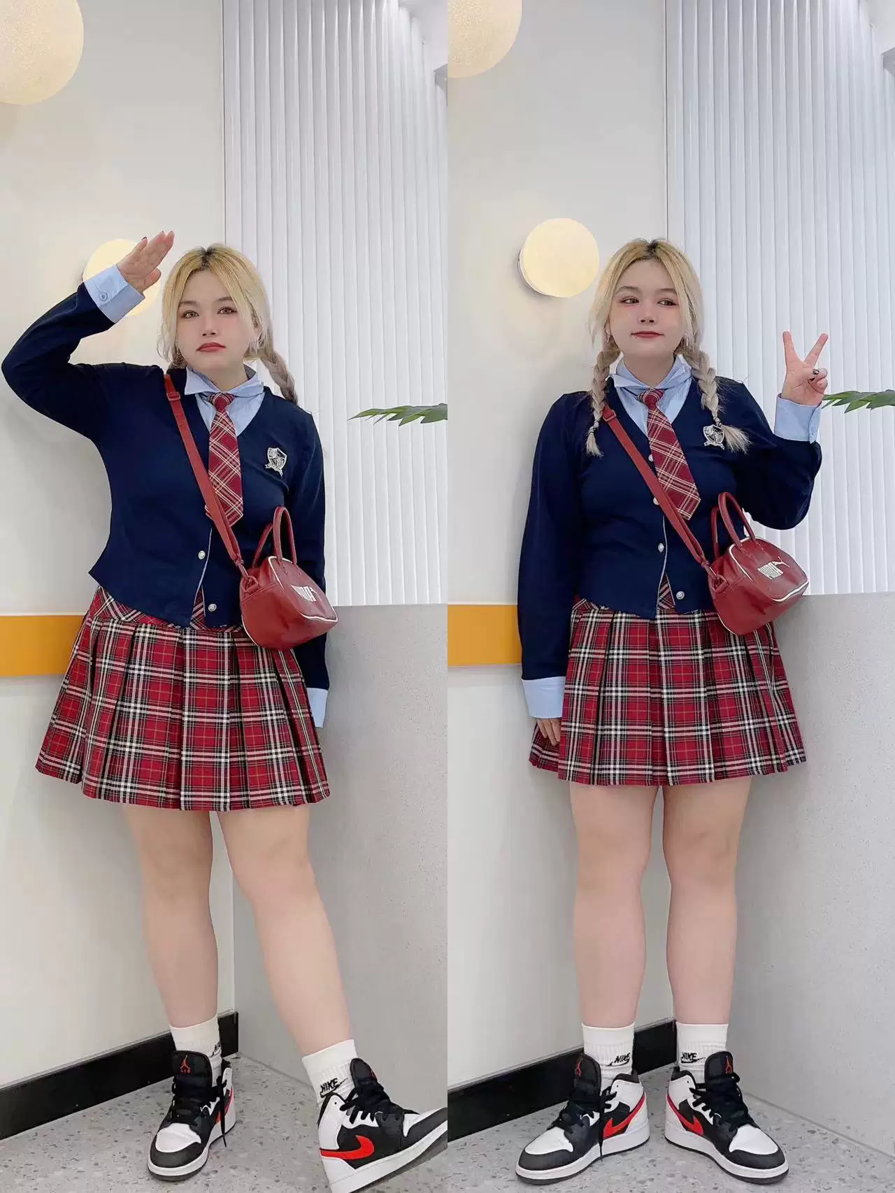 Váy xếp ly kẻ sọc đỏ cỡ lớn dành cho nữ, váy ngắn chữ A cạp cao theo phong cách cổ điển Mỹ, váy ngắn tôn dáng.