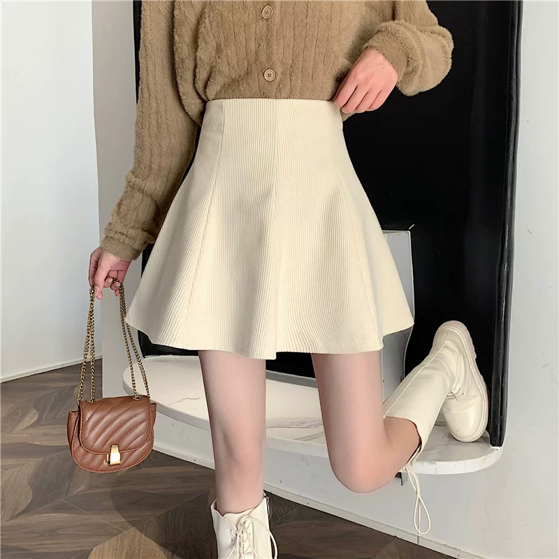 Váy nhung kẻ màu mơ size lớn cho nữ, váy ngắn cho mùa thu đông, váy xòe chữ A màu cà phê, váy che hông lưng cao.