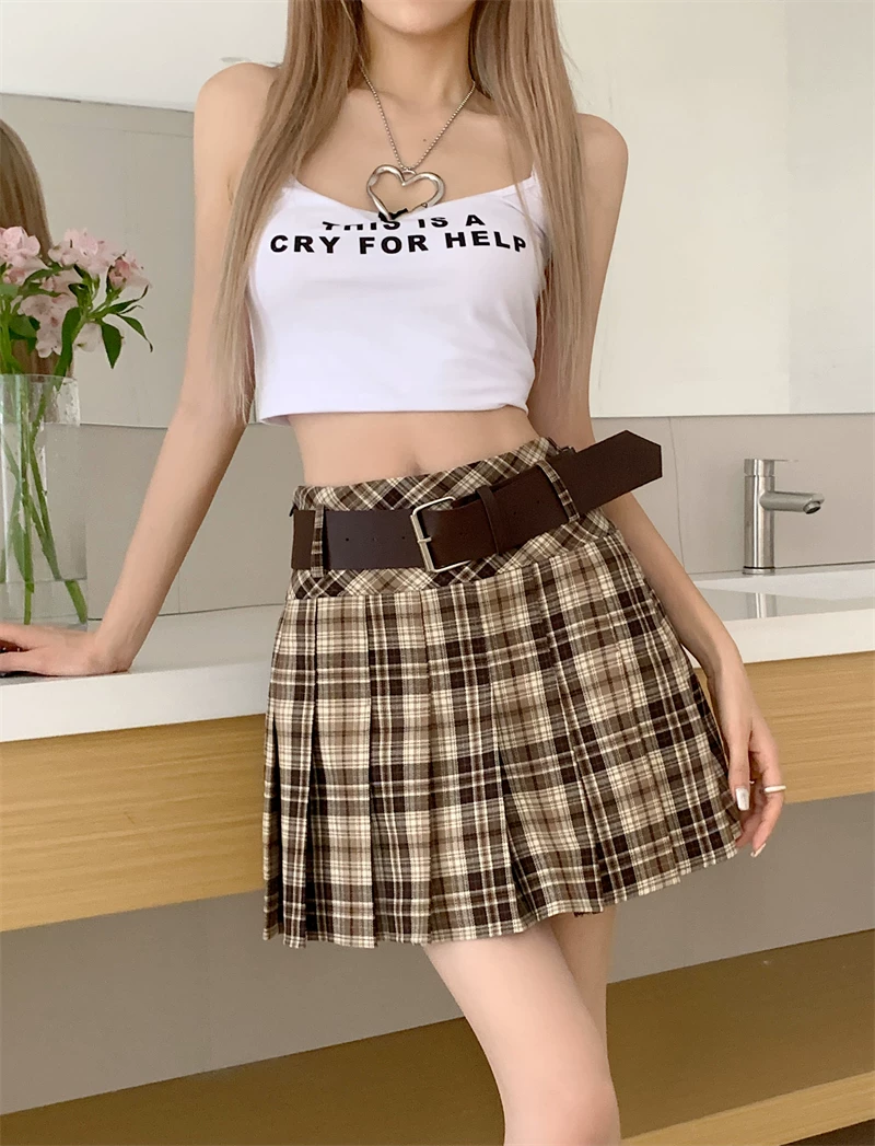 Váy xếp ly kẻ sọc lưng cao, váy chữ A thiết kế giảm béo cỡ lớn mùa hè dành cho nữ, váy ngắn ôm hông hot girl