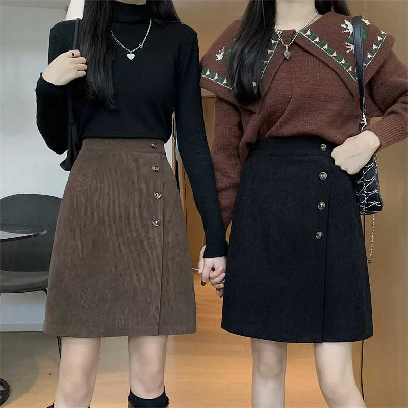 Váy nhung kẻ sọc cỡ lớn cho mùa thu đông, váy dài ngang đùi lưng cao, dáng bất đối xứng dành cho nữ, váy chữ A tôn dáng và che bụng, váy ngắn.