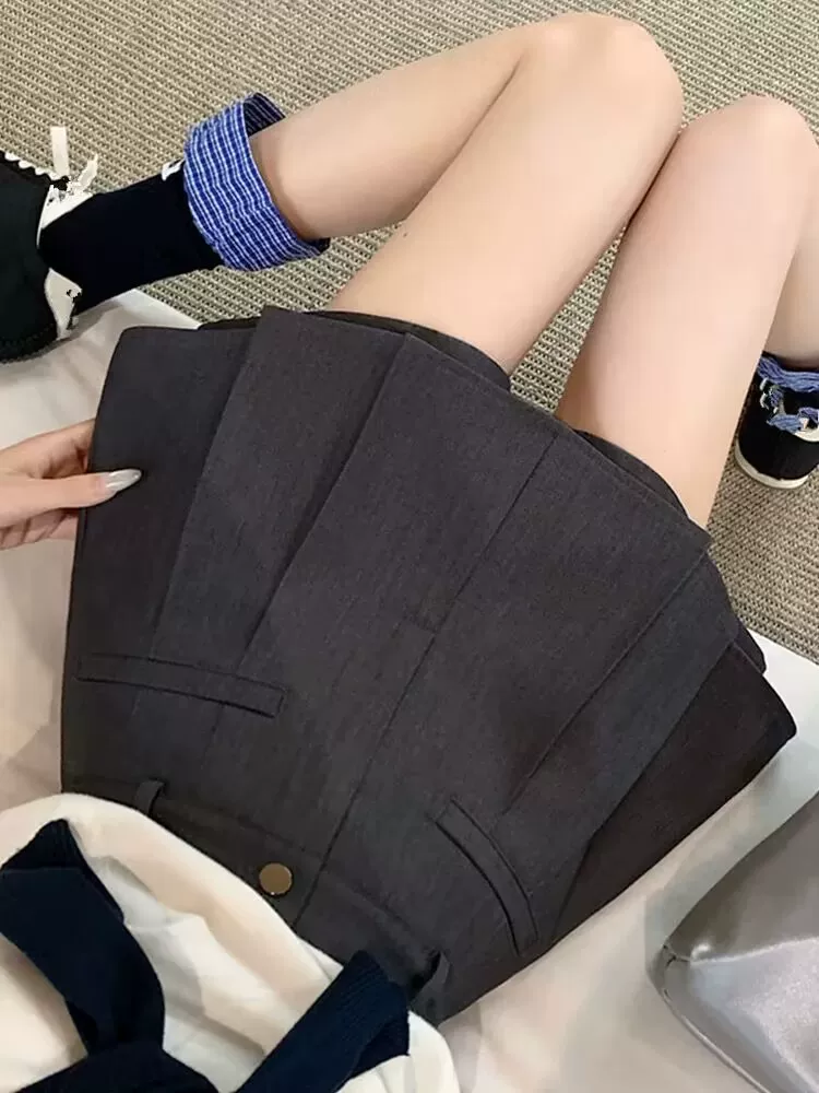 Quần váy xếp ly màu xám dành cho nữ, quần váy không đều mùa hè, cỡ lớn, eo cao, giảm béo, váy ngắn chữ A chống lộ