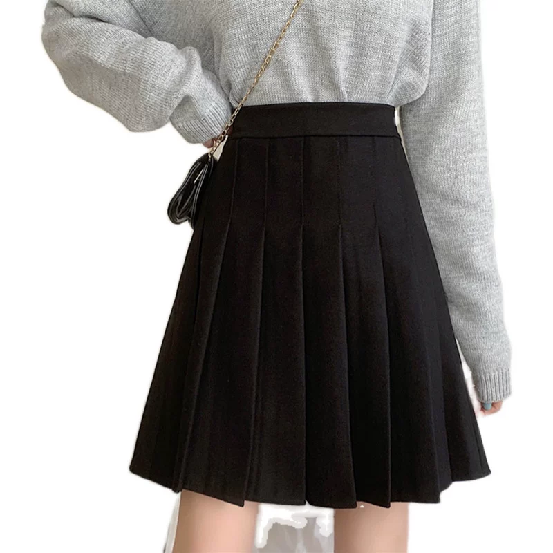 Váy len xếp ly màu đen cỡ lớn, dài vừa phải, mùa thu đông 2021 dành cho nữ, váy lưng cao dành cho phụ nữ mũm mĩm, váy chữ A thon gọn.