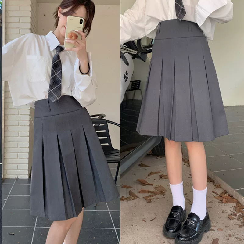 Váy xếp ly cổ điển cỡ lớn, váy dài vừa phải dành cho nữ, thích hợp cho người mũm mĩm, mùa thu đông, dài hơn, phong cách preppy, váy chữ A thon gọn.