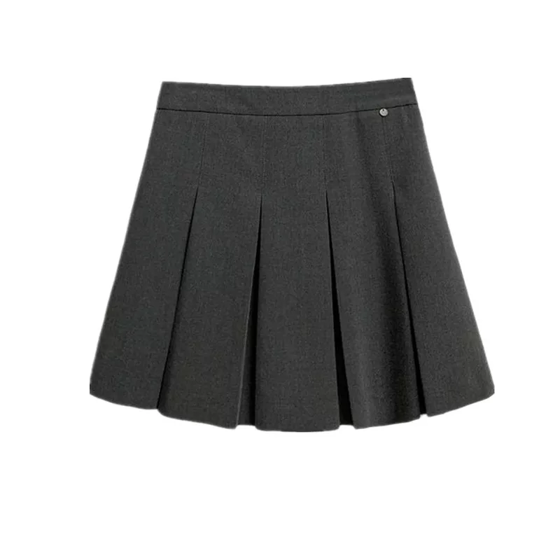 Váy xếp ly kiểu preppy cỡ lớn dành cho nữ, váy chữ A màu xám lưng cao mùa hè, tôn dáng, chống lộ, kiểu dáng vest, váy ngắn kiểu JK.