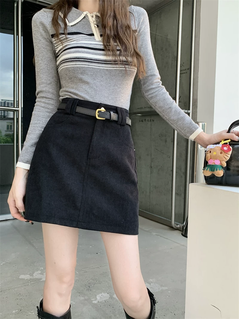 Váy nhung màu cà phê mùa thu đông dành cho nữ, váy cỡ nhỏ, thiết kế lưng cao, váy ôm dáng chữ A.