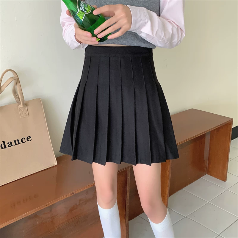 Váy xếp ly màu kaki dành cho nữ, váy len màu xám phong cách preppy mùa thu đông, váy chữ A cạp cao thon gọn, váy ngắn