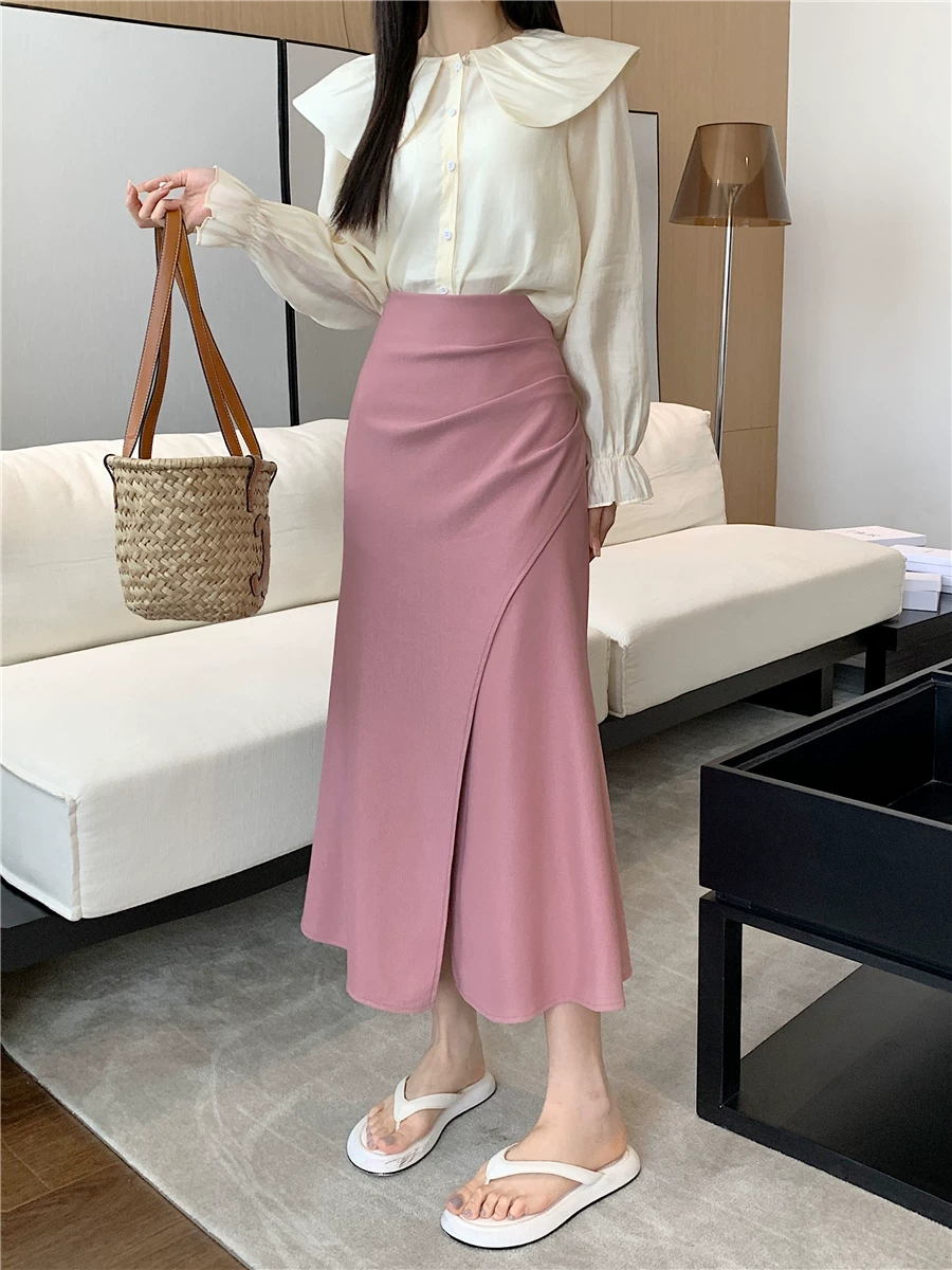 Thích hợp cho người có thân hình hình quả lê, váy đuôi cá màu hồng cỡ lớn mùa hè, váy dài chữ A tôn dáng cho phụ nữ cỡ lớn che hông.