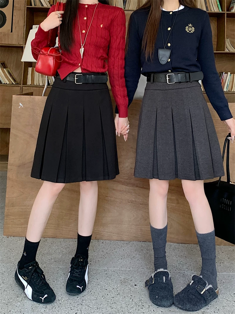 Váy len xếp ly màu xám lưng cao cỡ lớn dành cho nữ, váy midi chữ A chống lộ mùa thu đông, váy dày kiểu preppy giúp thon gọn.